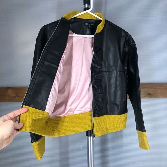 SISTER JANE‎ NWT Black Faux Leather Yellow Trim Bomber Jacket Sz S - Picture 1 of 6